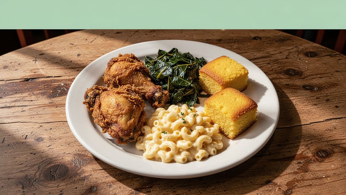 White plate holds fried chicken, collard greens, macaroni and cheese, cornbread on wooden table under green 'Soul Food Classics' headline band.