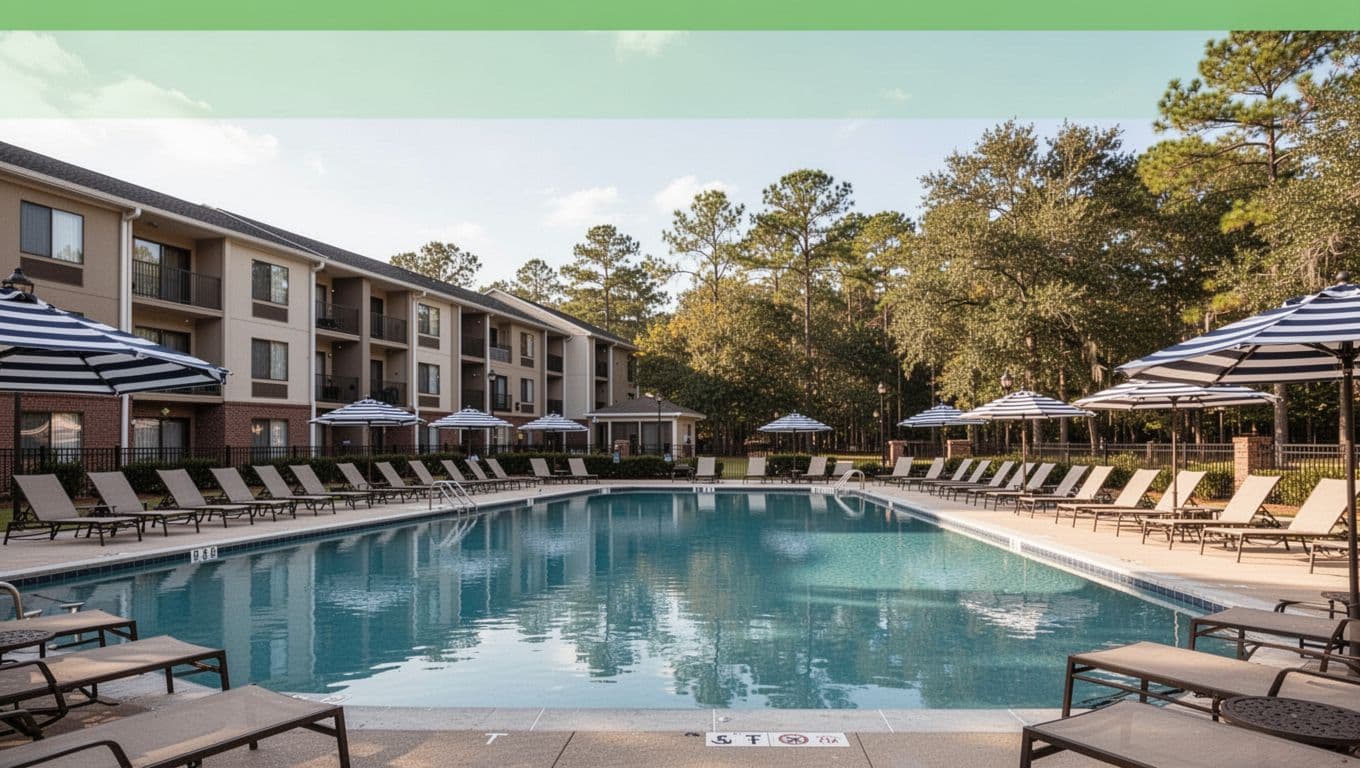 Empty sunny hotel pool with lounge chairs and umbrellas beside building and trees.