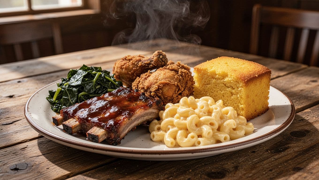 Steaming plate of barbecue ribs, fried chicken, collards, mac and cheese, cornbread on wooden table below green Local Favorites headline.