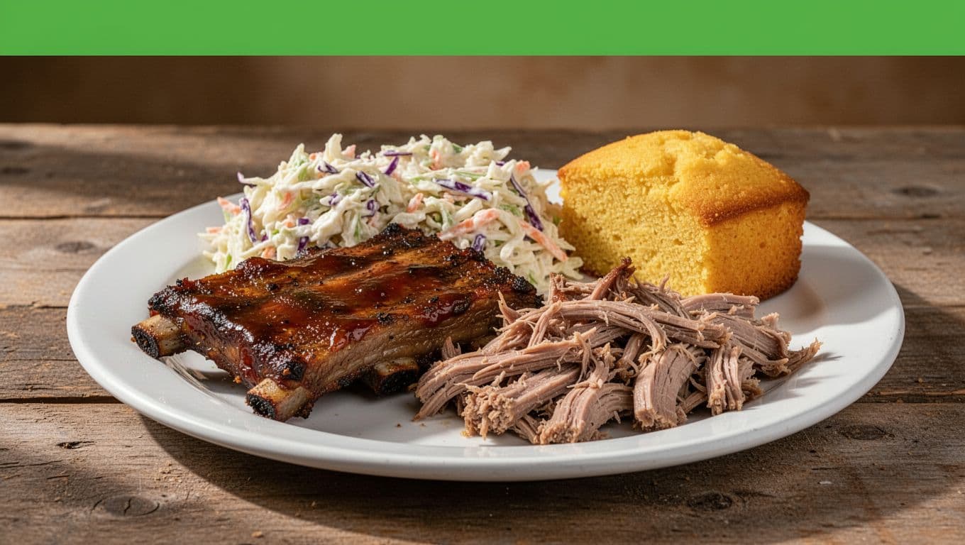 Green top band with bold MENU headline above closeup of barbecue plate with ribs, pulled pork, coleslaw, cornbread on wooden table.