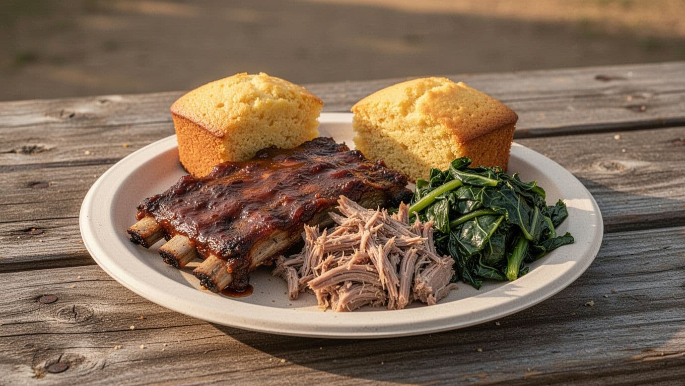Plate of BBQ ribs, pulled pork, collard greens, cornbread on outdoor picnic table with 'BBQ Favorites' green headline band.