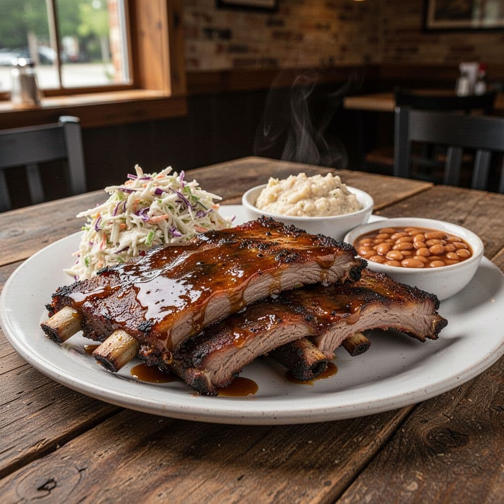 Plate of barbecue ribs with sides on wooden restaurant table, green 'Southern Flavors' band at top.