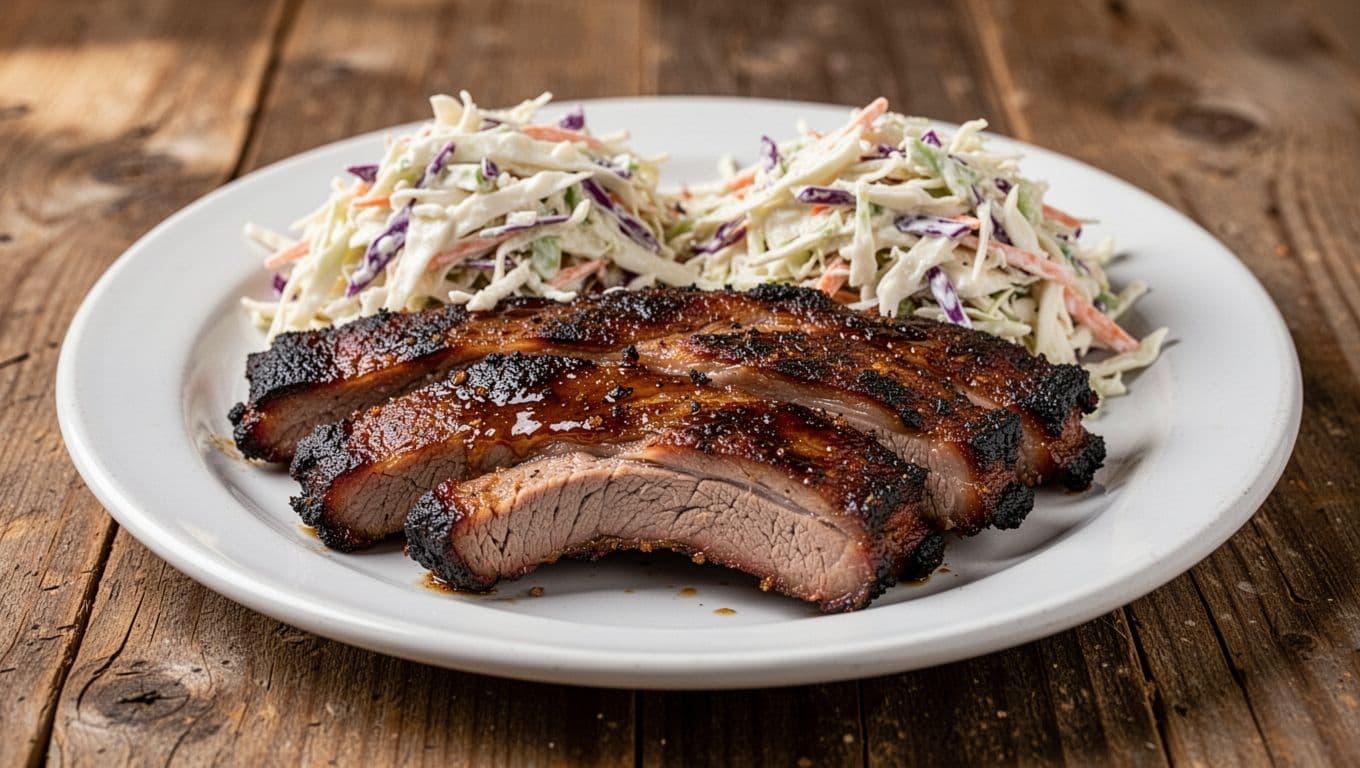 Smoked barbecue meat and coleslaw on white plate atop wooden table with green Southern BBQ headline band.