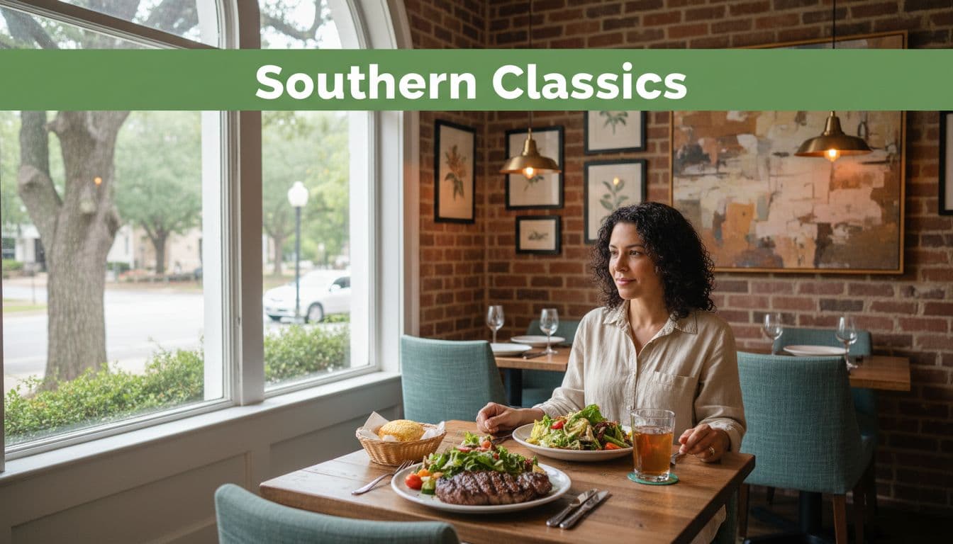 Cozy restaurant dining room with grilled meats and salads on table for two, one seated diner, soft window light, green top band 'Southern Classics'.