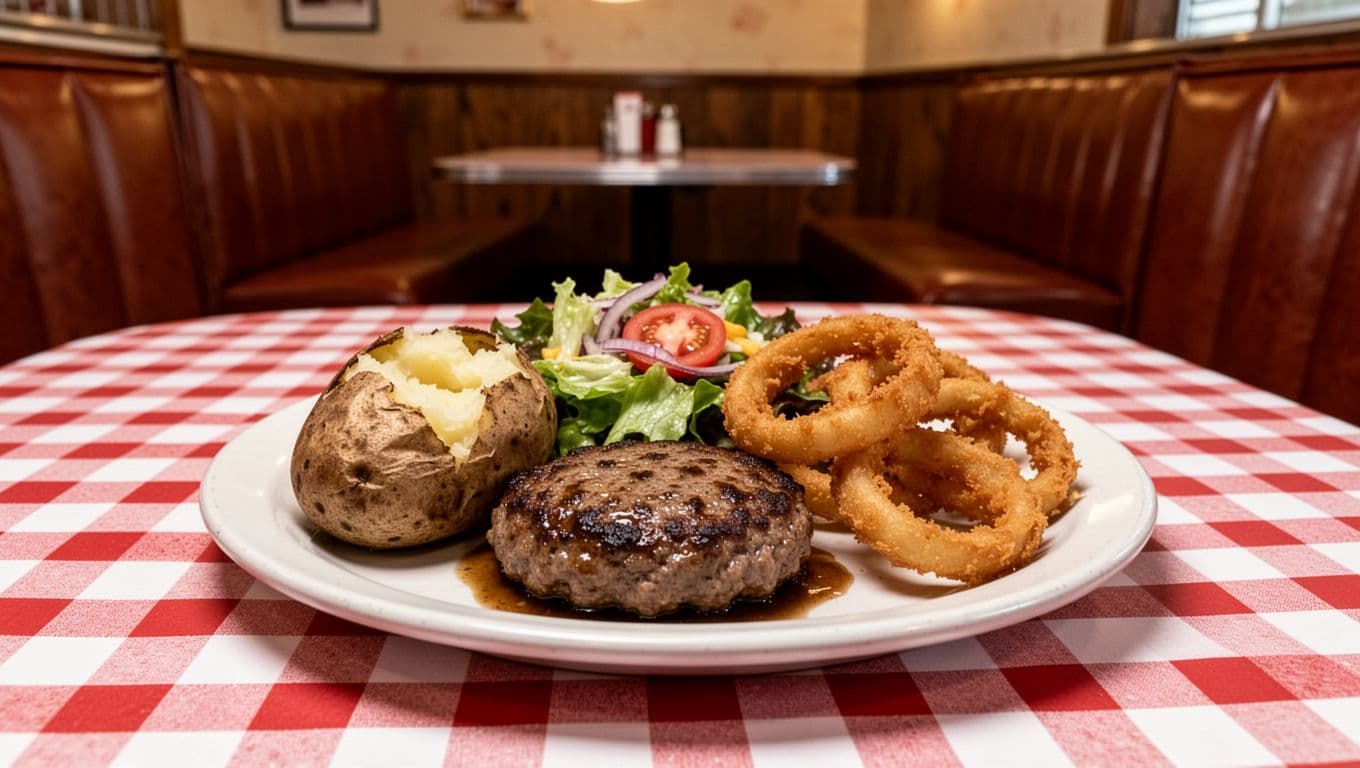 Centered plate holds hamburger steak, baked potato, salad, and onion rings on checkered tablecloth in diner with wooden booths and 'SOUTHERN CLASSICS' green header.