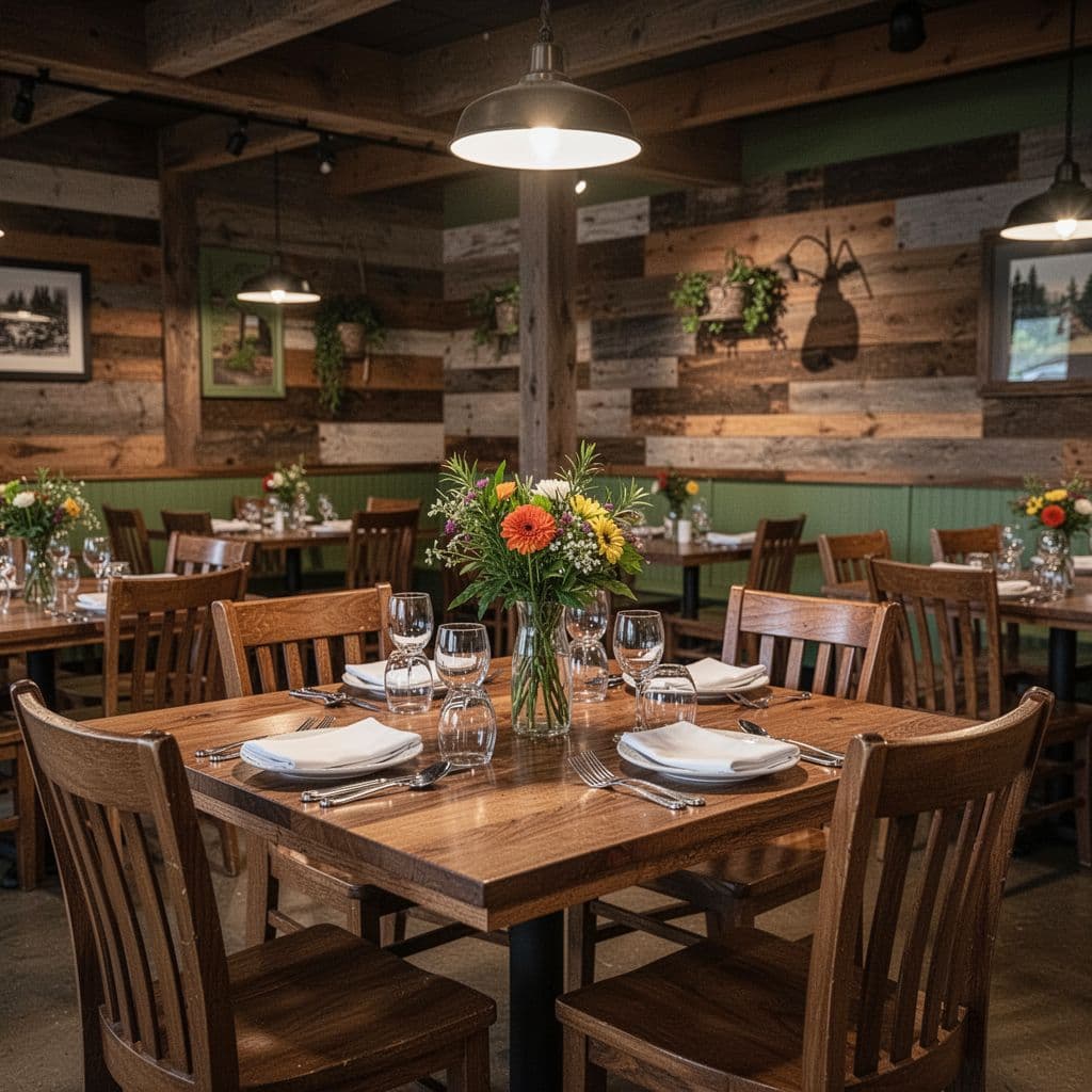 A well-set wooden dining table in a cozy, rustic restaurant with warm ambient lighting.