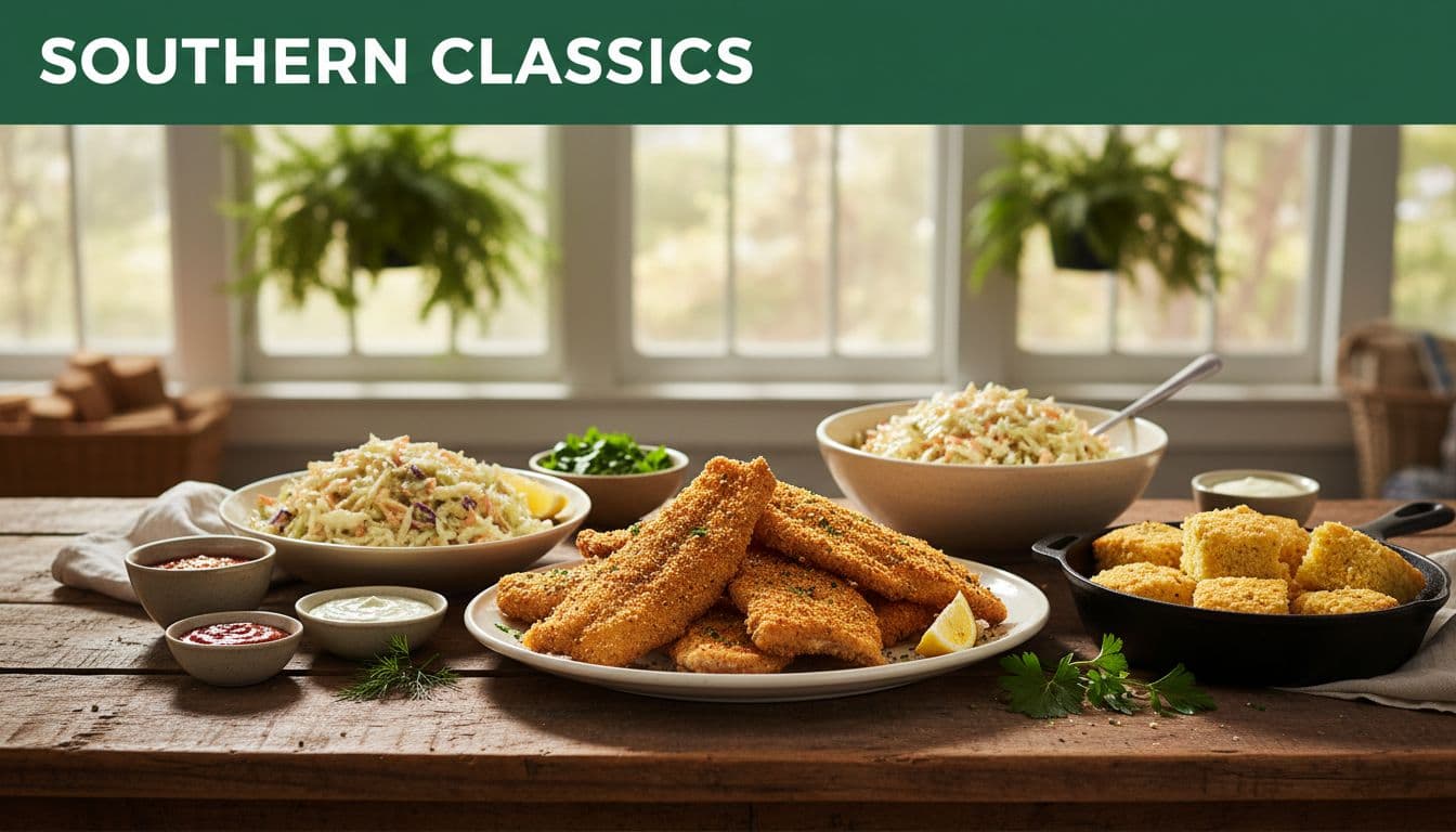 A wooden table topped with fried catfish, coleslaw, and cornbread under bright natural light.