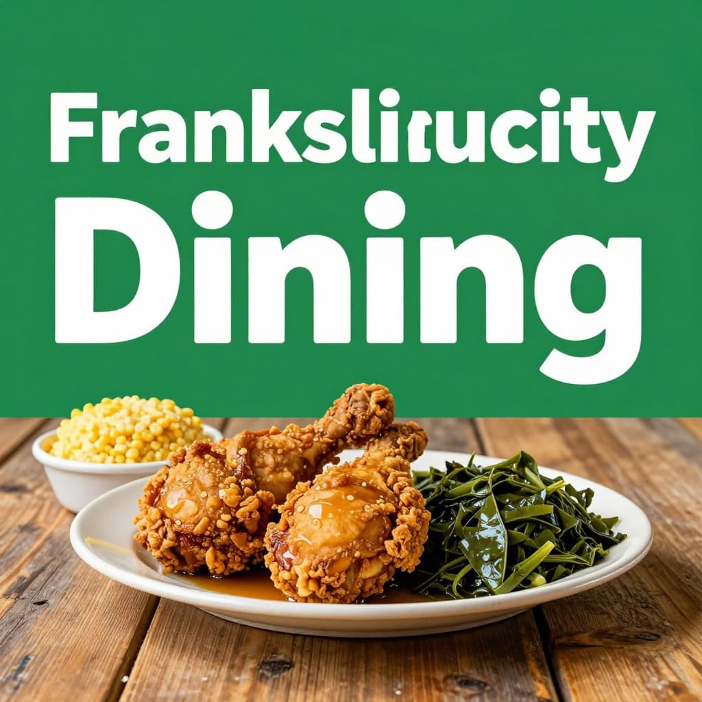 A plate of fried chicken with collard greens and cornbread sits on a wooden table.