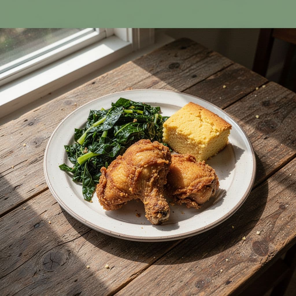 Plate of fried chicken, collard greens, and cornbread on rustic wooden table in bright sunlight, with top green band reading 'Southern Comfort'.