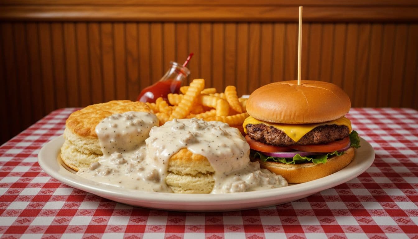 Centered plate with biscuits and gravy, burger and fries on checkered tablecloth in diner booth with wooden paneling.