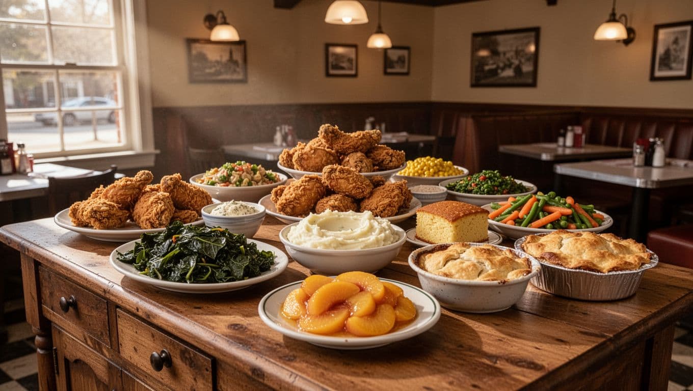 Green 'Buffet Stars' banner above long wooden buffet table loaded with fried chicken, mashed potatoes, collard greens, cornbread, peach cobbler, and sides in cozy southern diner.