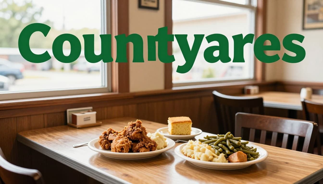 Southern diner table set for two with fried chicken, mashed potatoes, green beans, cornbread plates and top 'Country Favorites' banner.