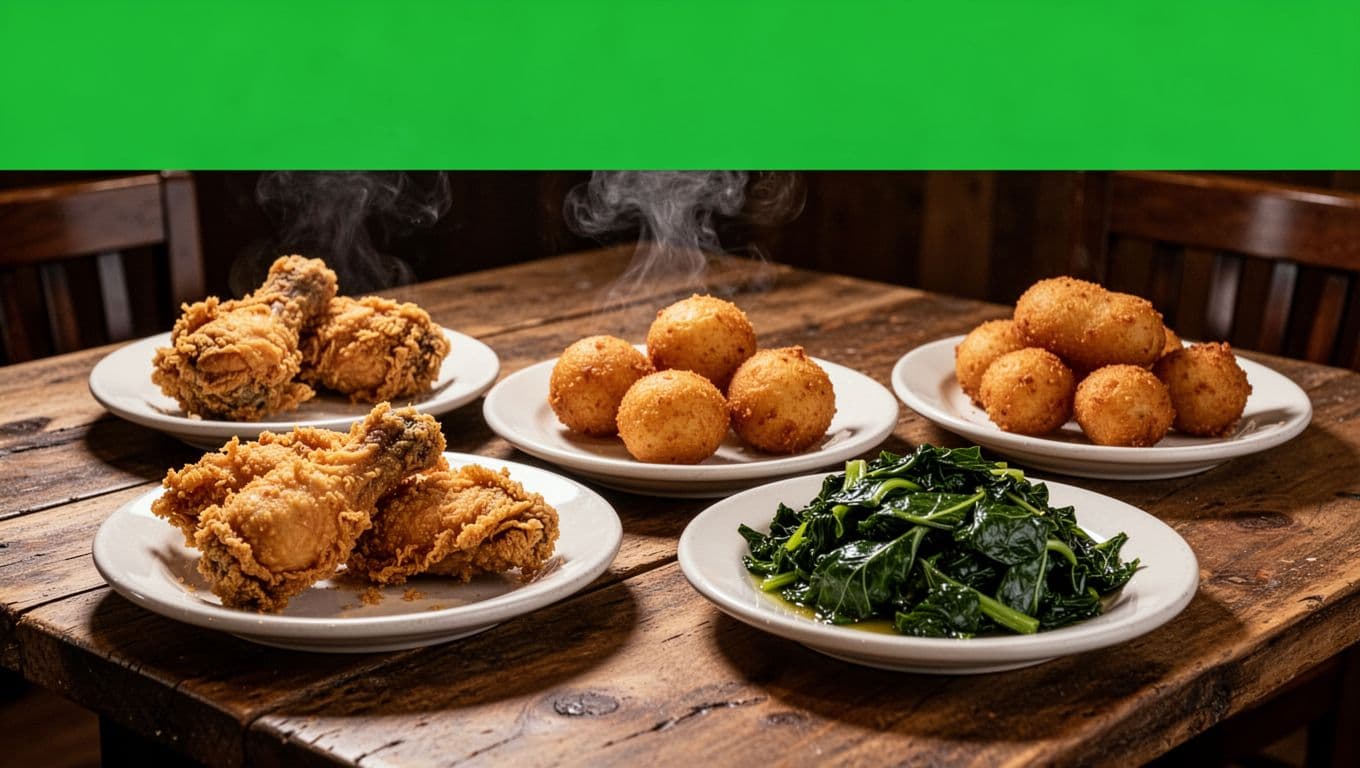 Green band with SOUTHERN FAVORITES tops plates of fried chicken, catfish, hushpuppies, and collards steaming on wooden table.