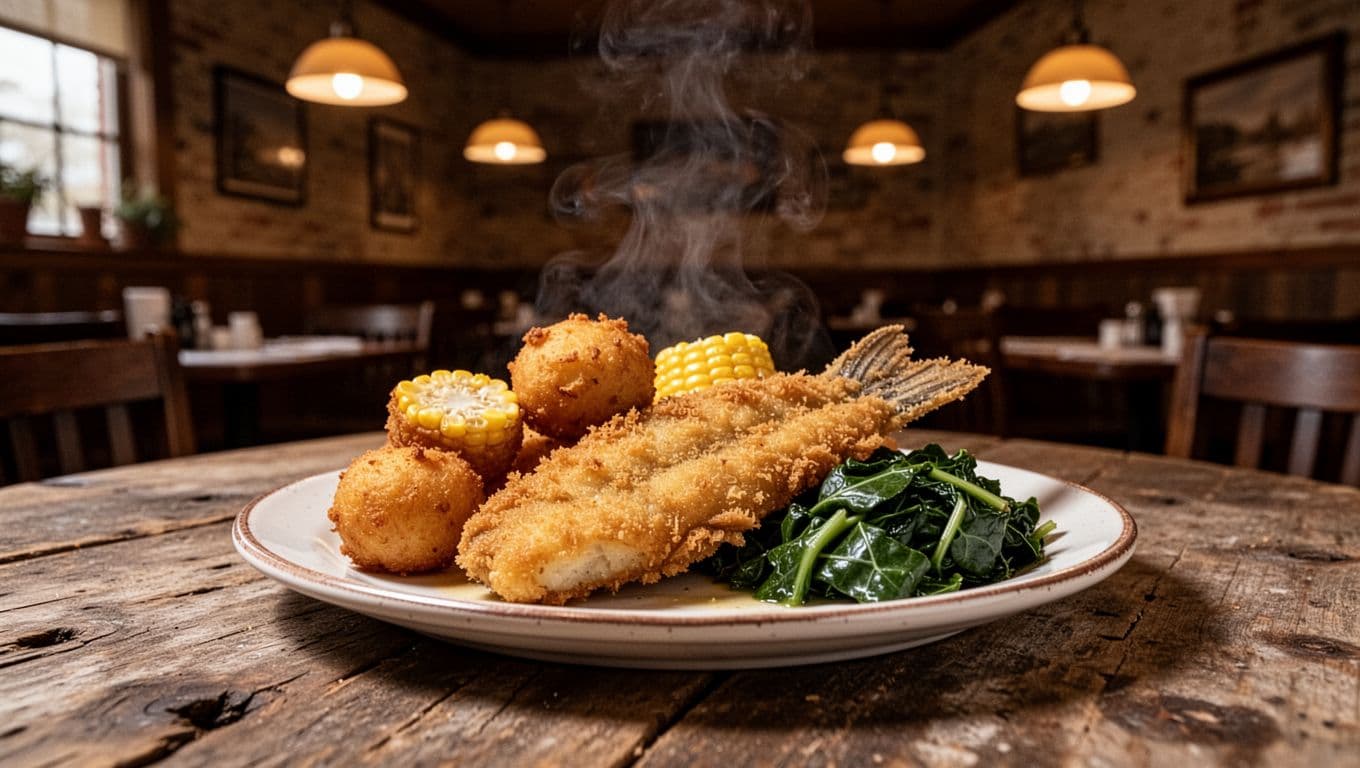 A plate of fried catfish with side dishes served on a rustic wooden restaurant table.