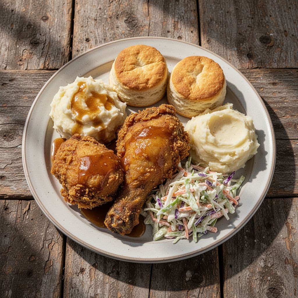 A rustic wooden table holds a plate of crispy fried chicken served with traditional side dishes.
