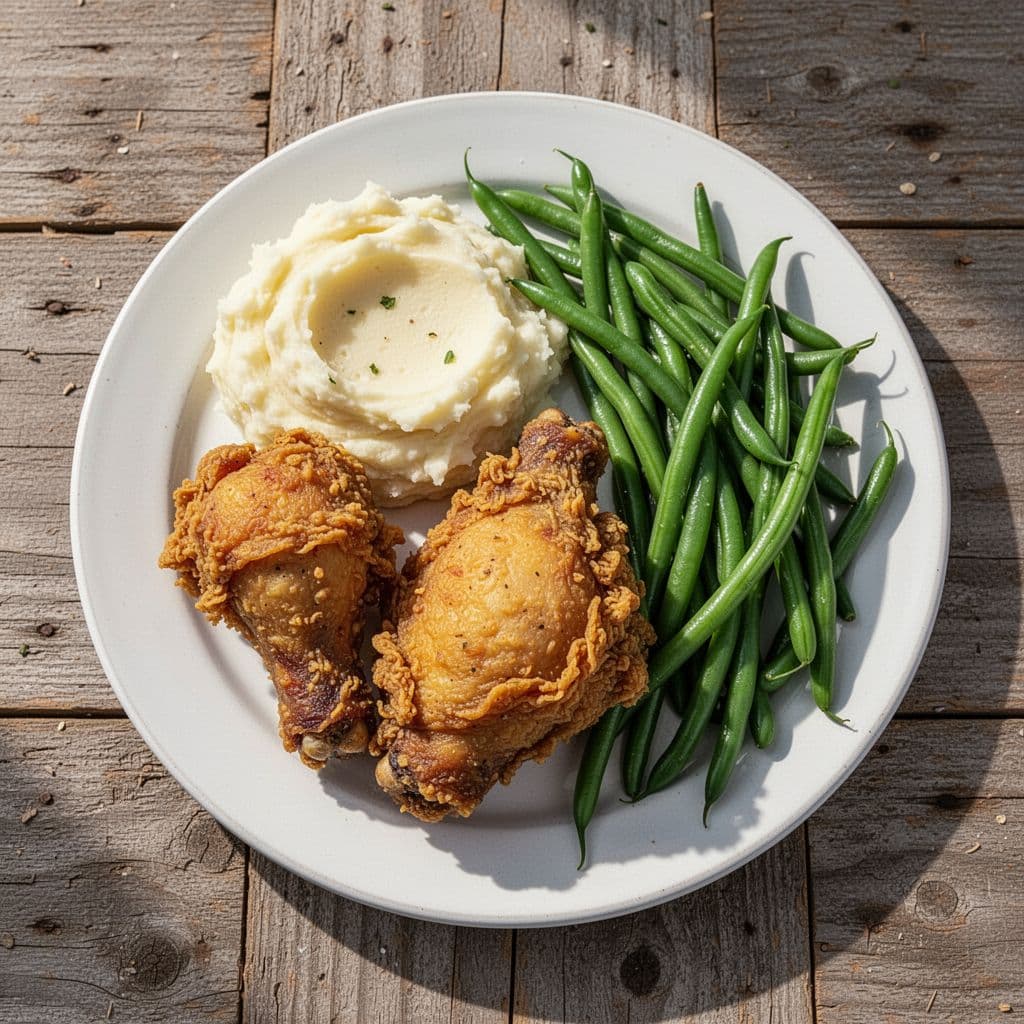 A plate of crispy fried chicken served with mashed potatoes and green beans on a rustic table.
