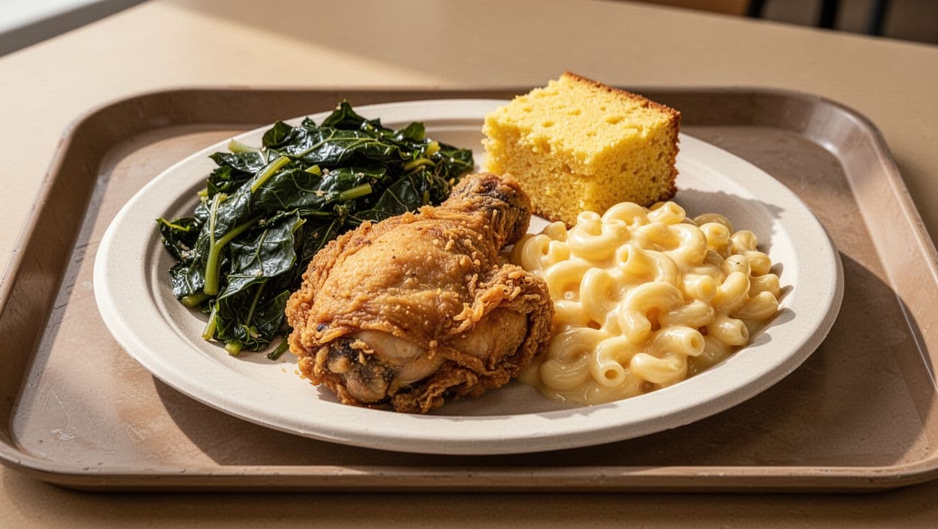 Cafeteria tray with single plate of fried chicken, collard greens, cornbread, and mac and cheese below green Menu Musts band.