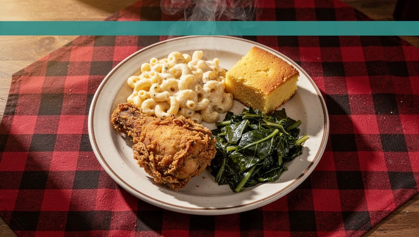 Steaming plate of fried chicken, macaroni cheese, collard greens, cornbread on checkered tablecloth with green 'Southern Plate' band.