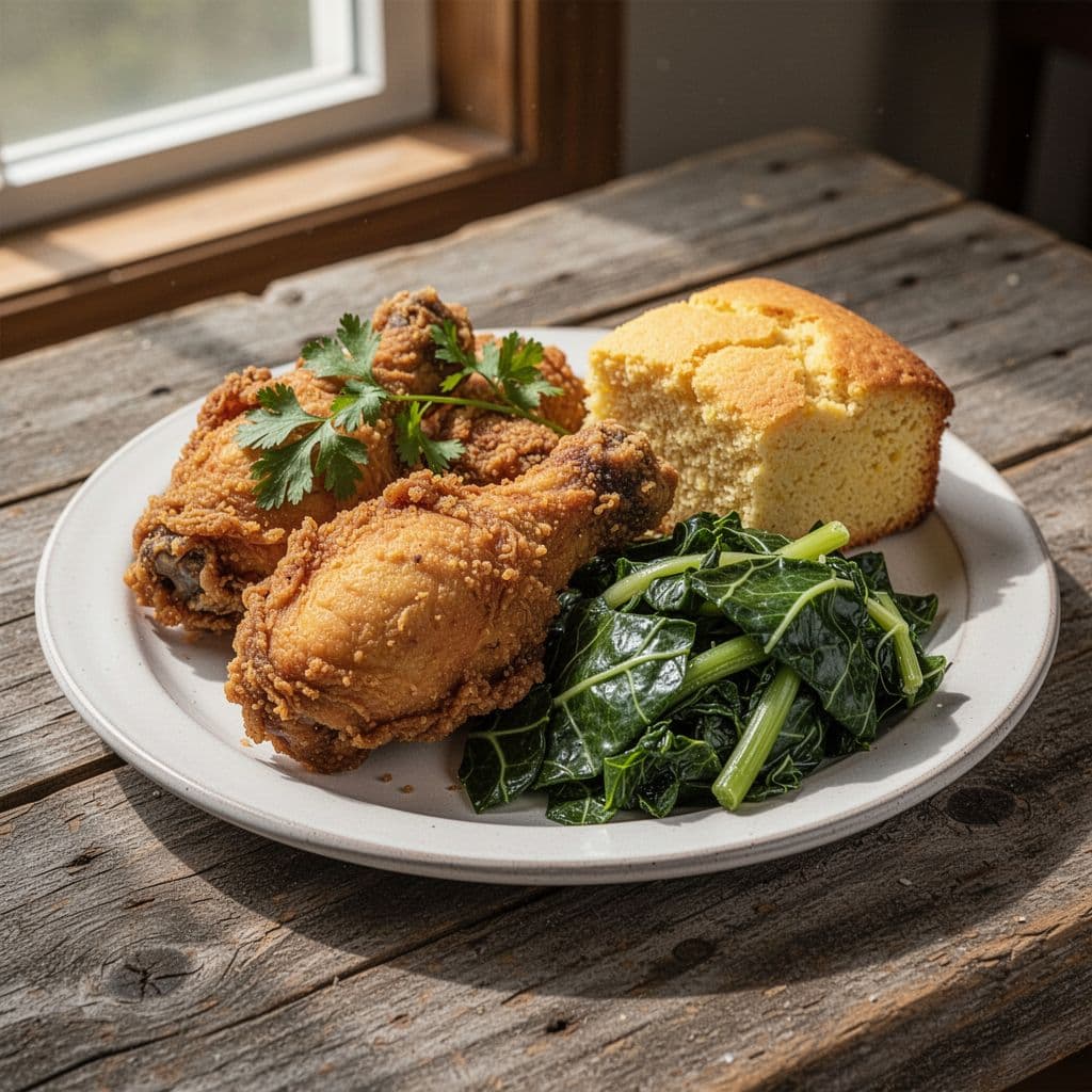 Close-up plate of golden fried chicken, collard greens, and cornbread on rustic wooden table with green Southern Comfort band.