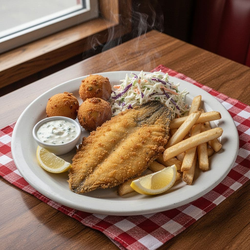 Overhead close-up of golden fried catfish, hushpuppies, coleslaw, fries, tartar sauce, and lemon wedges on white plate with green 'FISH PLATTER' band.