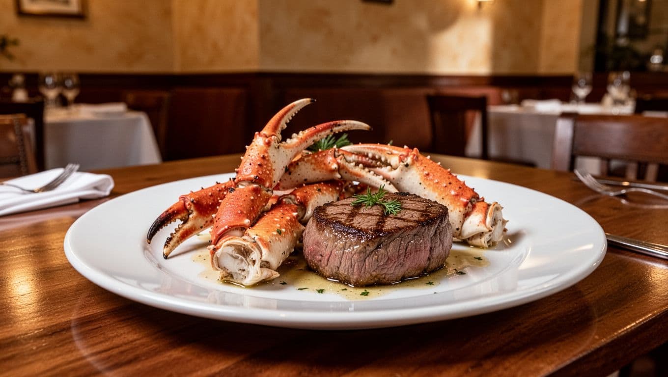 Green top band with 'Southern Icons' headline above centered plate of crab claws and beef tenderloin in restaurant setting.