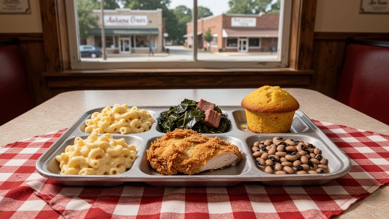 Fried chicken, macaroni and cheese, collard greens, black-eyed peas, cornbread on divided tray on Formica table with checkered cloth and street view window.