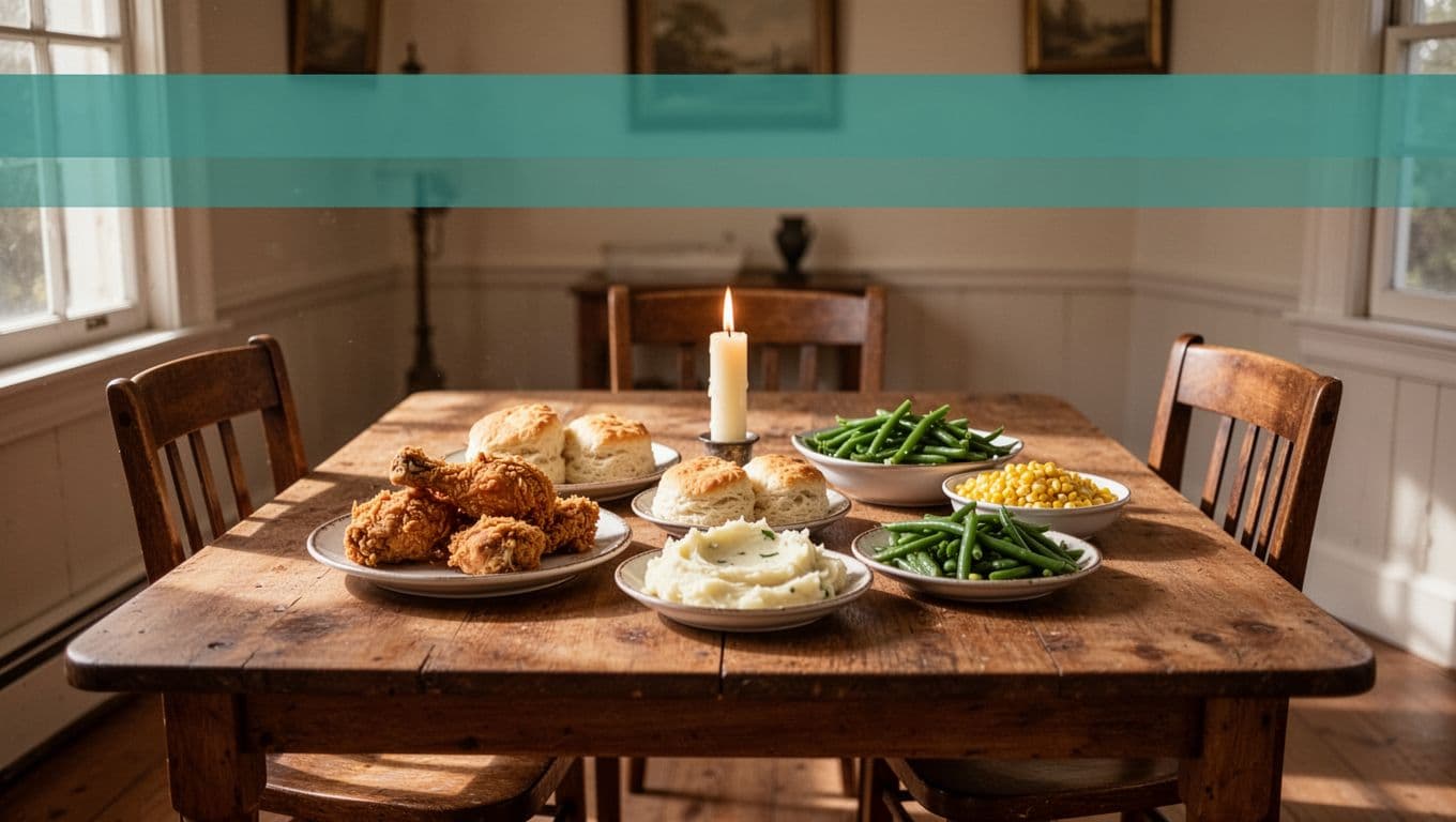 Wooden dining table centered with plates of fried chicken, biscuits, creamed potatoes, green beans, and corn in candlelit historic room under green Southern Menu band.