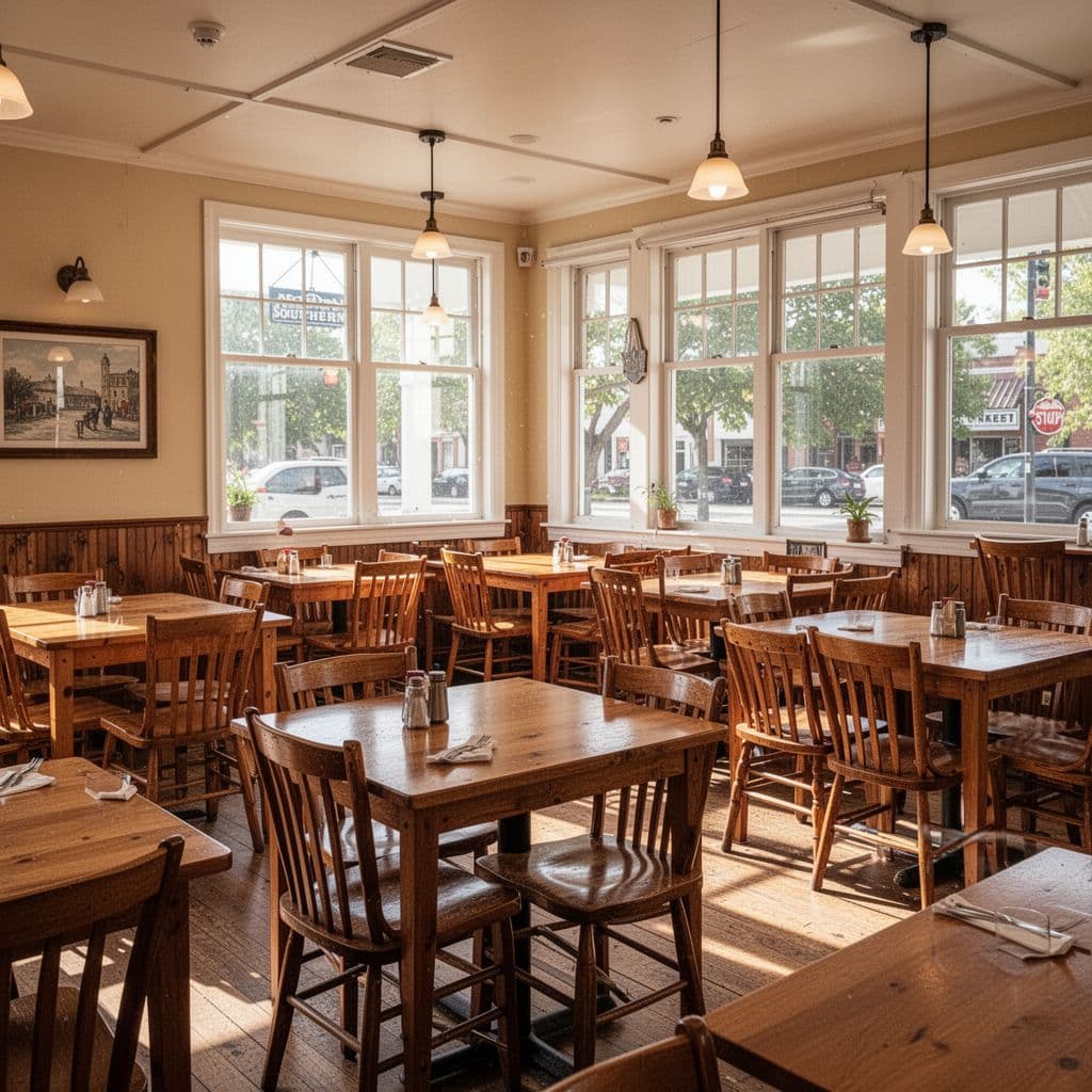 A sunlit restaurant dining room features wooden furniture under a Southern Comfort title banner.