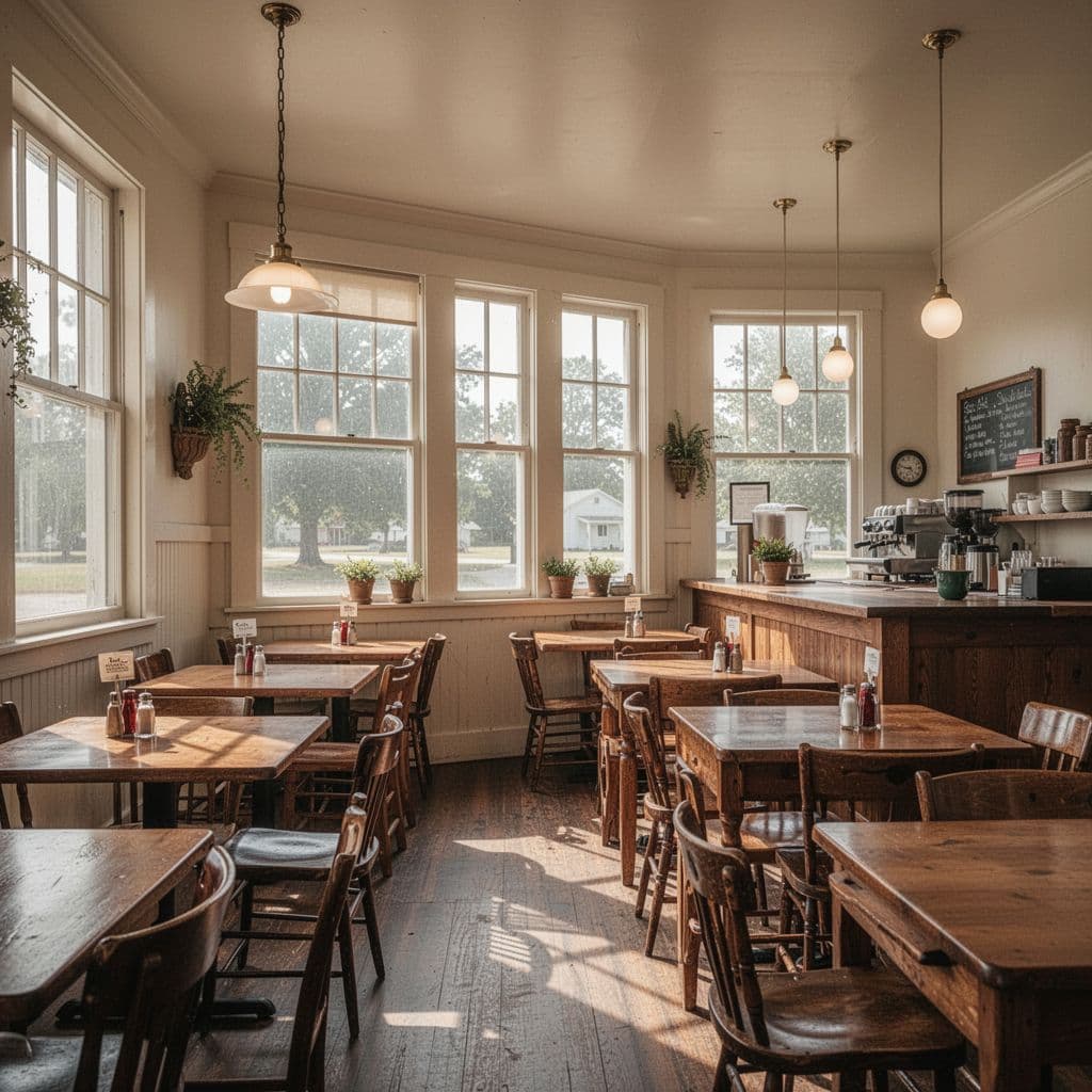 Bright minimalist interior with wooden tables, small counter, large windows, and green Local Eats band at top.
