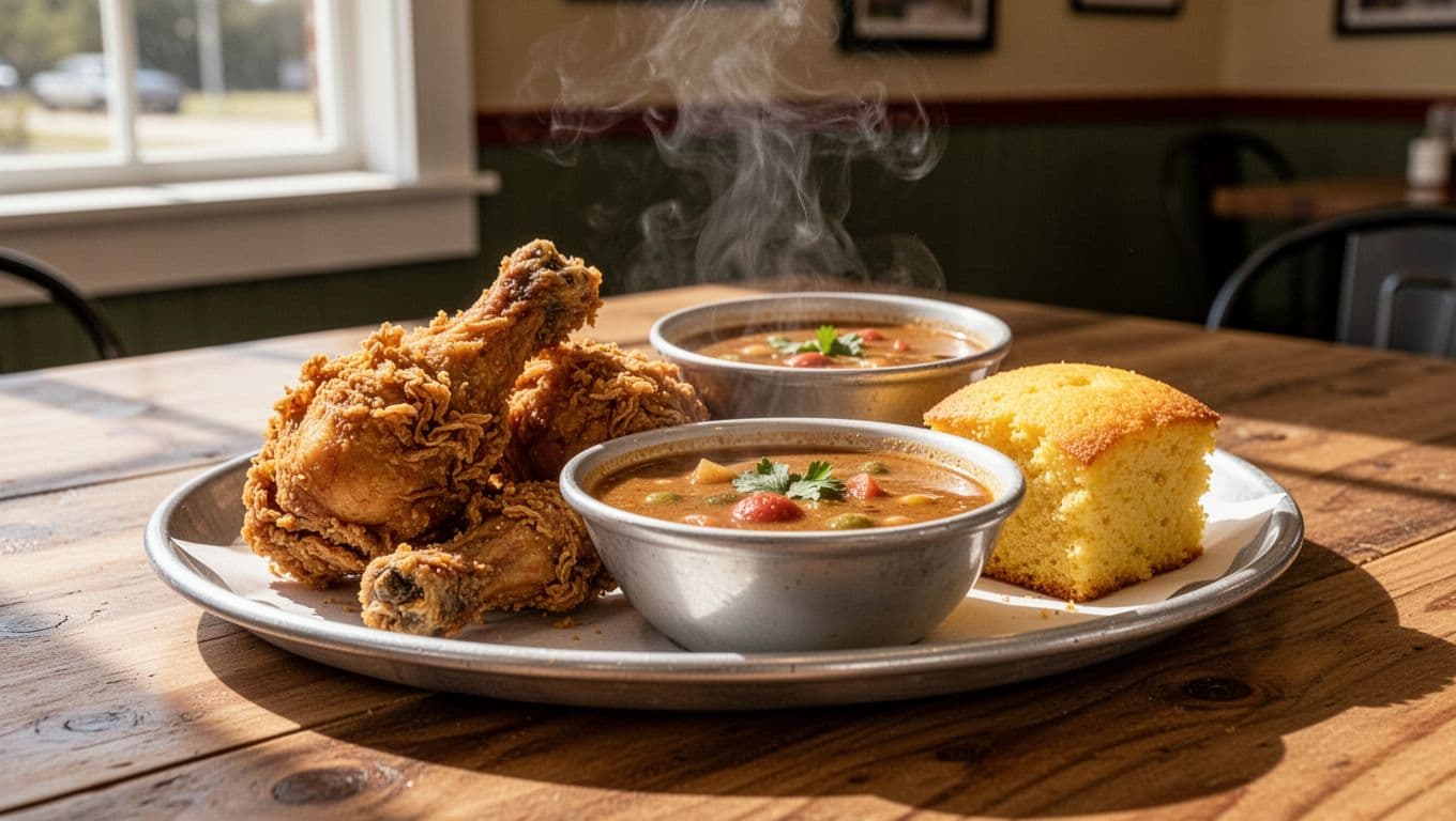 Green banner with SOUTHERN SIDES headline above tray of fried chicken, gumbo, cornbread in bright cafe.
