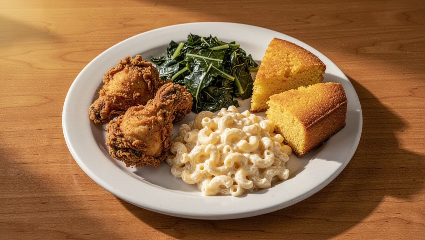 White plate with fried chicken, collard greens, mac and cheese, cornbread on wooden diner table under golden light.