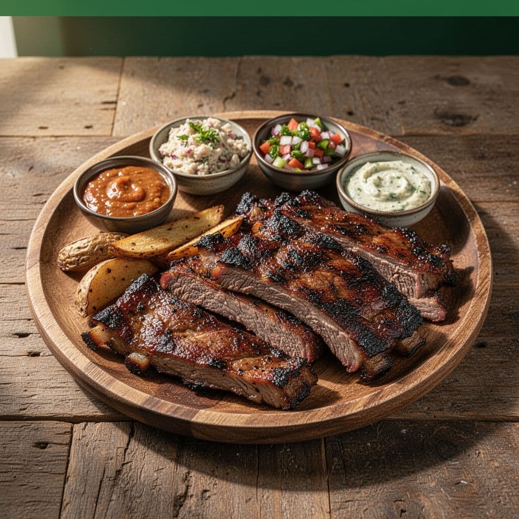 A close-up top-down view shows a plate of smoked meat with sides on a rustic wooden table.