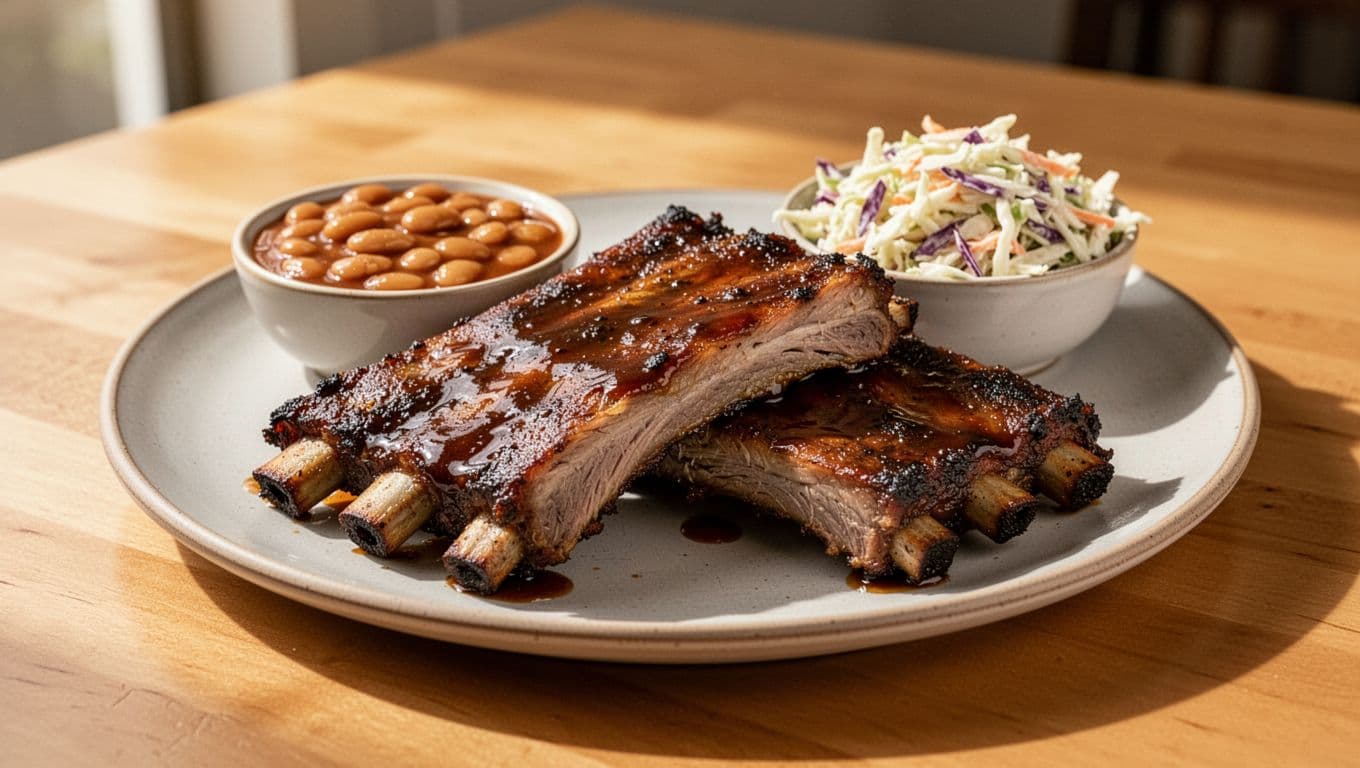 A plate of tender smoked barbecue ribs served with sides under a Southern BBQ headline banner.