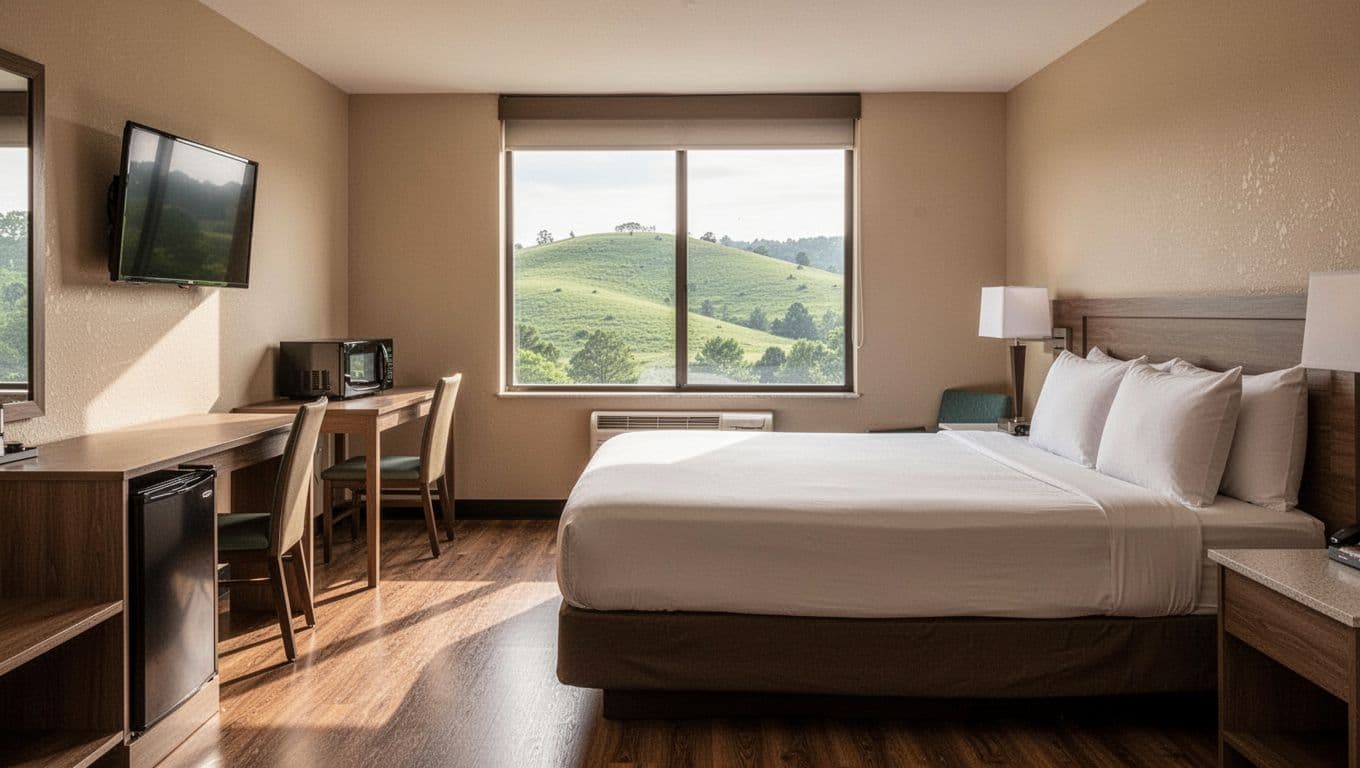 Green 'STAY CHOICES' band tops clean hotel room with queen bed, desk, mini-fridge, microwave, wall TV, and hill-view window.