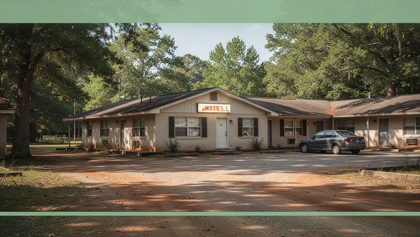 Green top band with 'STAYS' headline above sunny budget motel exterior, parking lot with one car and trees.