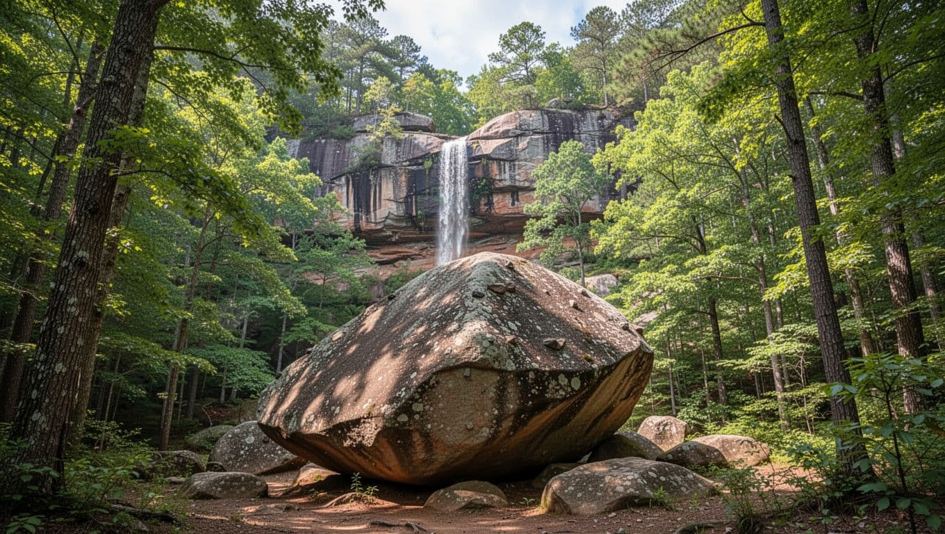 Foreground rocky boulders amid forest with distant waterfall, topped by green Steele Outdoors banner.