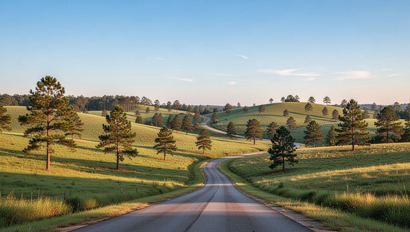 Green top band with 'Rural Retreat' headline above rolling hills, pine trees, winding road, and blue sky in golden light.