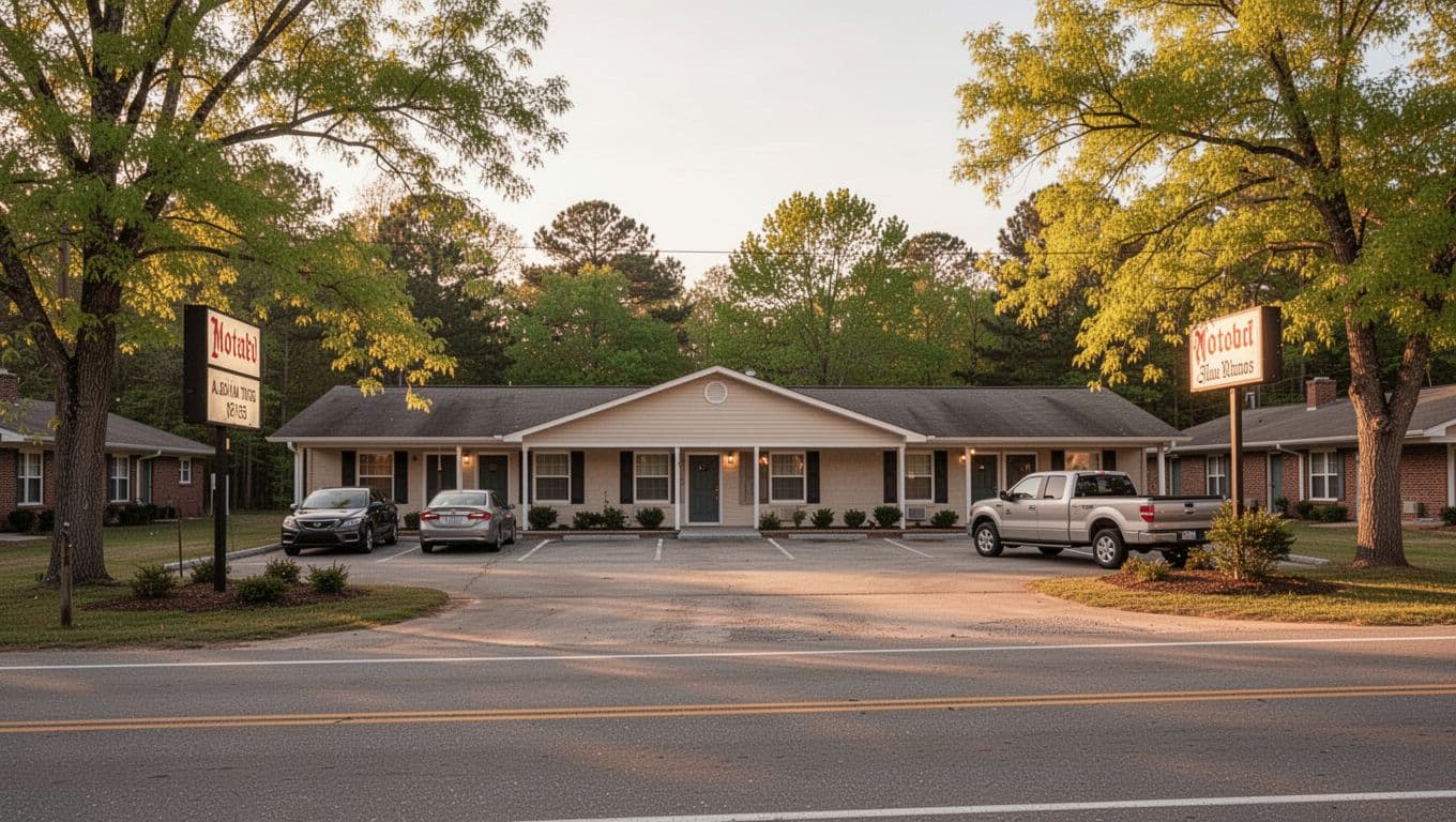 Clean rural Alabama motel exterior with parking lot, cars, lit sign, trees in evening sunlight, green 'Sulligent Stays' headline at top.