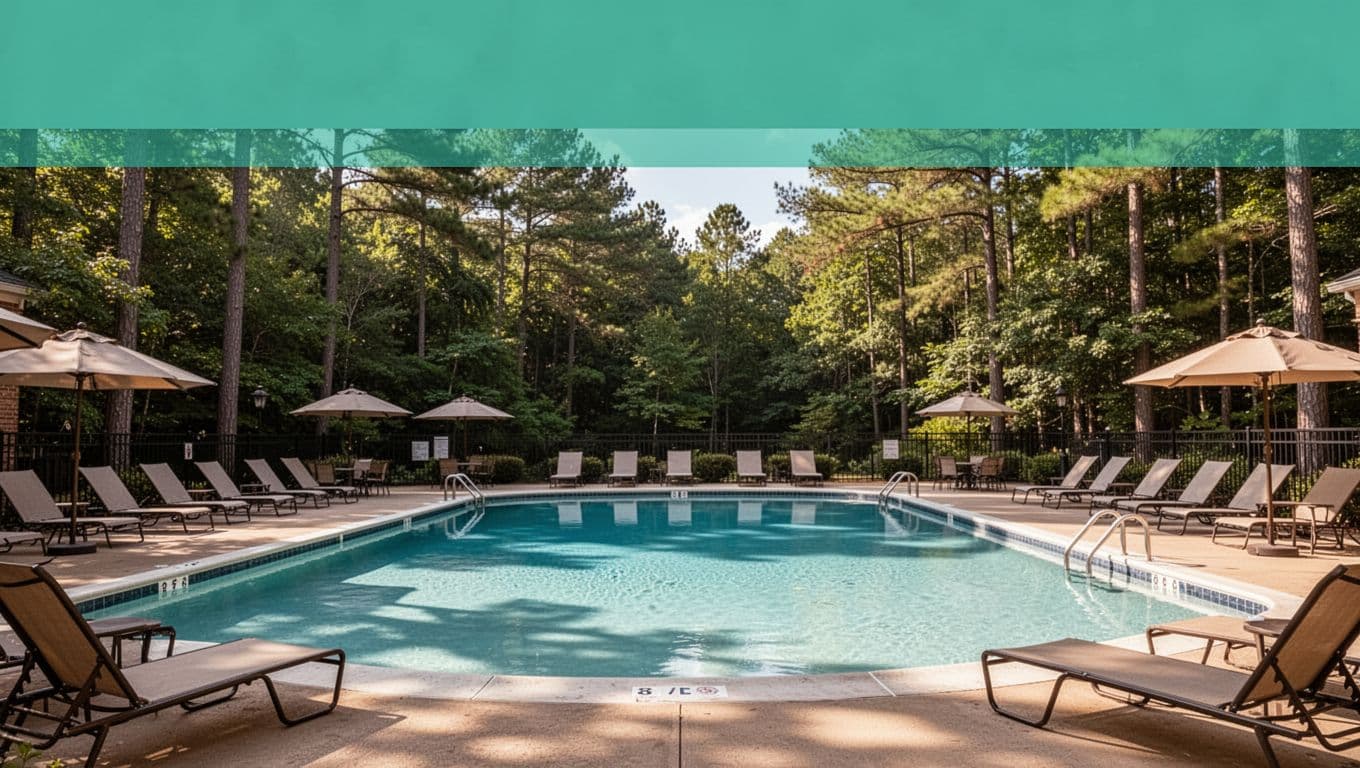 Empty outdoor hotel pool with lounge chairs and umbrellas beside Alabama woods in sunny light, green 'POOL TIME' banner at top.
