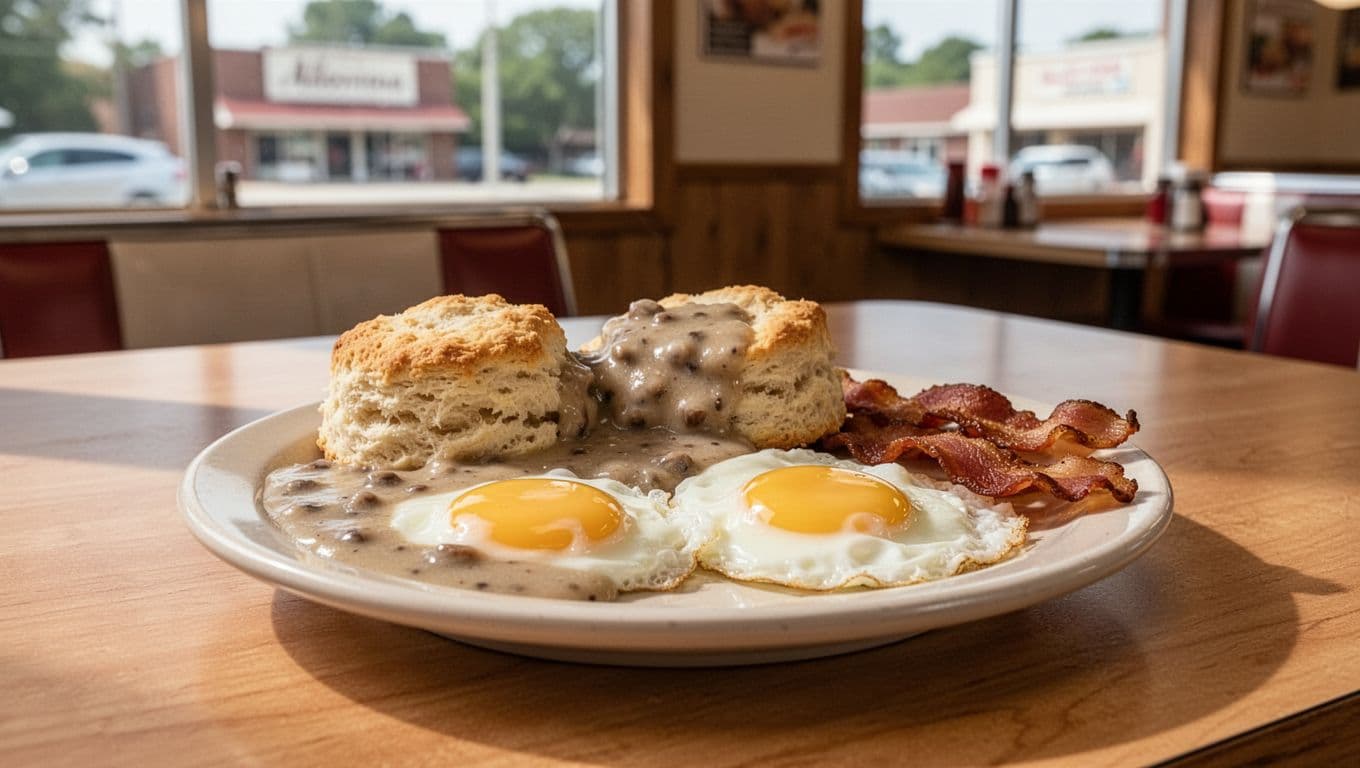 Centered Southern breakfast plate with biscuits, gravy, eggs, and bacon on wooden diner counter under green 'SUNSHINE EATS' header.