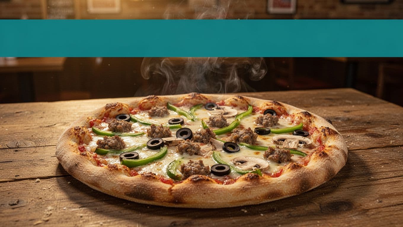 Green top band headlines 'Supreme Pizza' above steaming pizza with sausage, green peppers, mushrooms, black olives on crust atop wooden table.