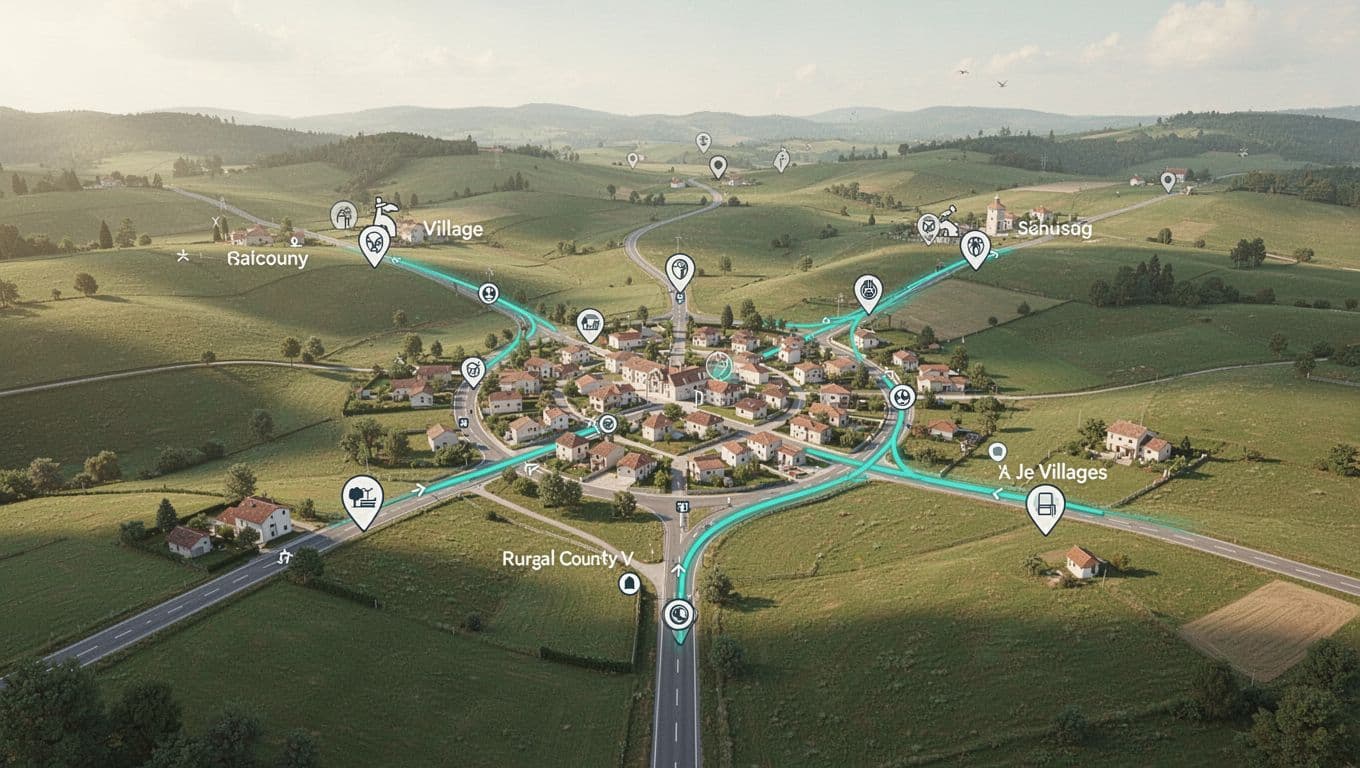 Vector road map connects Susan Moore to Oneonta and Hanceville via highways with distance markers on green countryside background, topped by headline band.