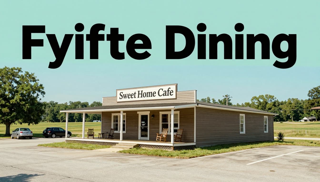 Single-story cafe with Sweet Home Cafe sign, covered porch, rocking chairs, parked cars, rural fields, sunny sky, green Fyffe Dining banner at top.