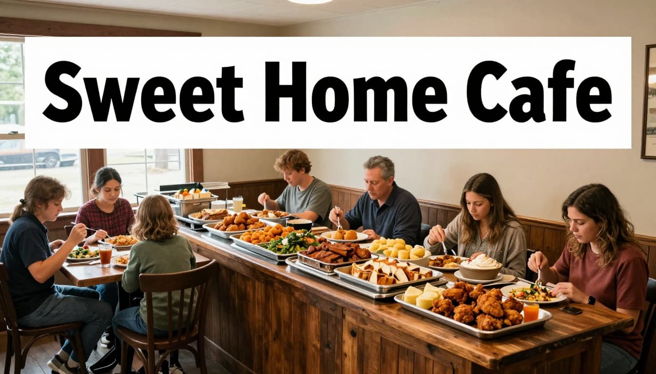 Cozy rural cafe interior with long buffet of fried chicken, meatloaf, dumplings, vegetables, desserts; two families of four each dine relaxed at wooden tables under green 'Sweet Home Cafe' header band.