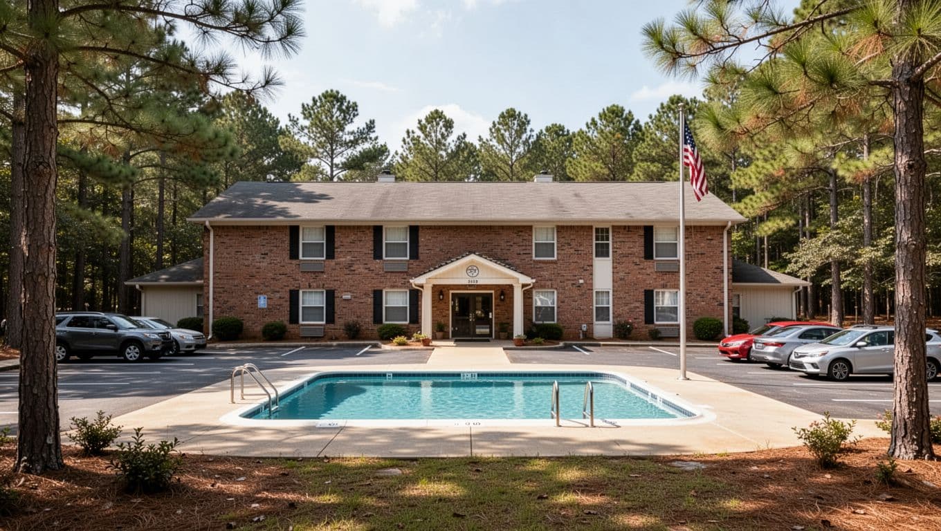 Two-story brick hotel exterior with front pool, parking lot, flag, pine trees under green Top Picks band.