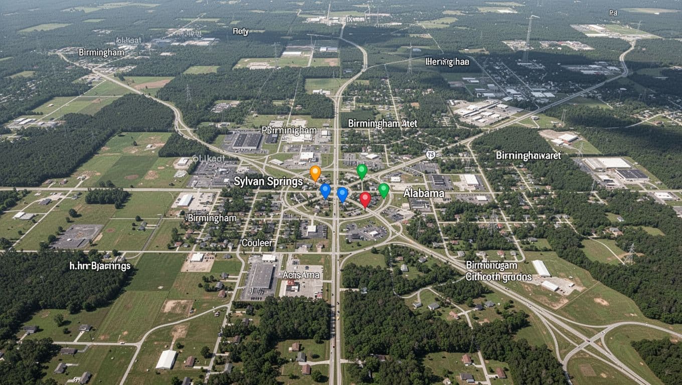 Aerial map shows Sylvan Springs Alabama and three nearby Birmingham hotel icons on simple roads, under green 'Hotel Locations' headline band.