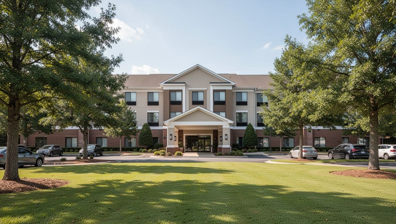 Modern hotel exterior in suburban Alabama with green lawns, trees, parked cars at entrance, and green top band with 'Sylvan Springs Hotels' headline.