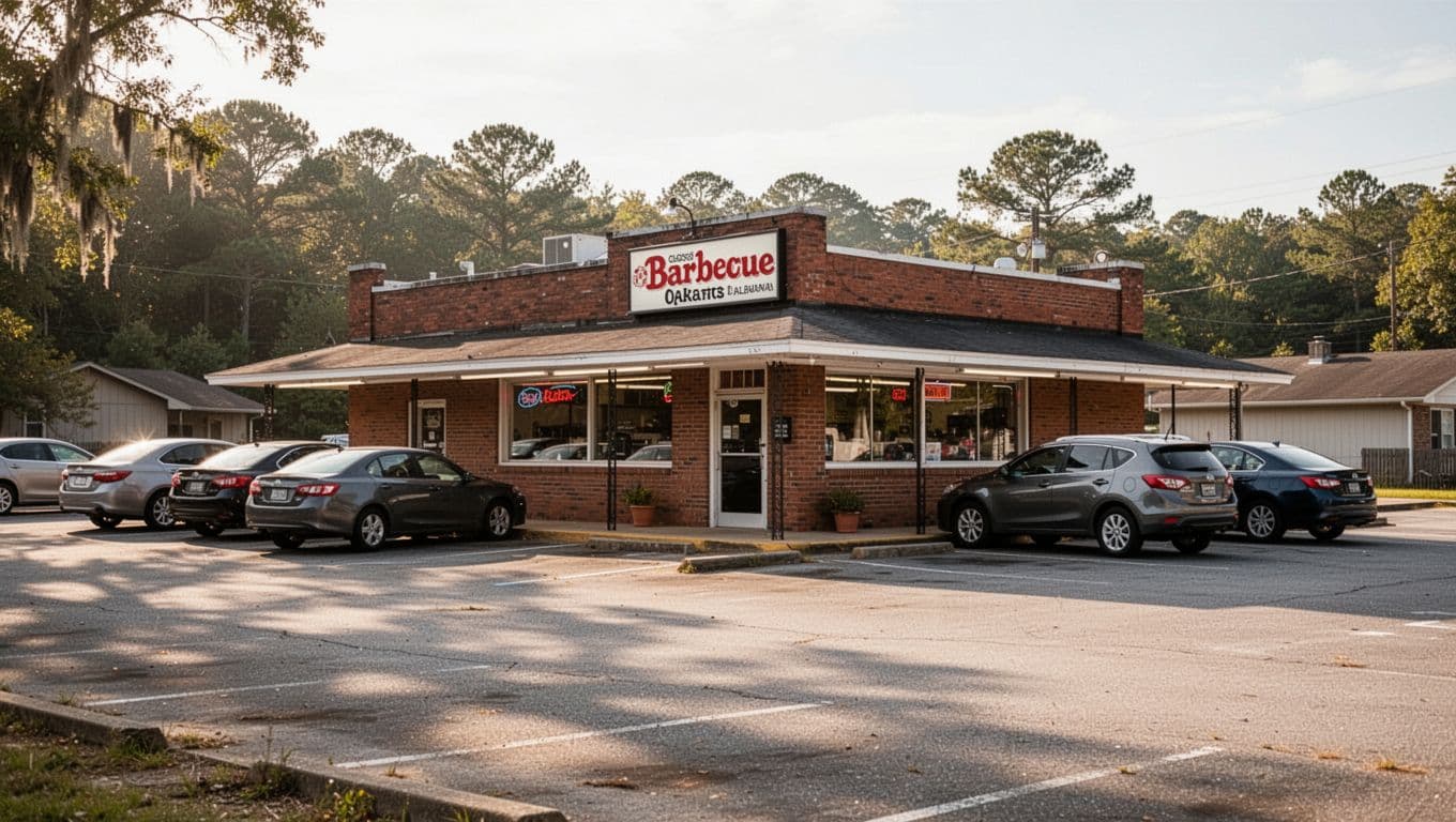 Brick facade barbecue diner centered with parking lot, few cars, sunny afternoon light, green top banner reading Town Diner.