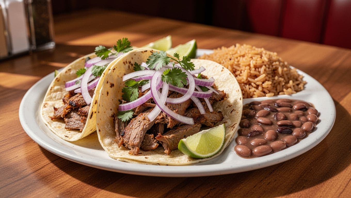 Plate of tacos al pastor with onions, cilantro, lime, beside rice and beans on wooden table, green MENU HIGHLIGHTS band at top.