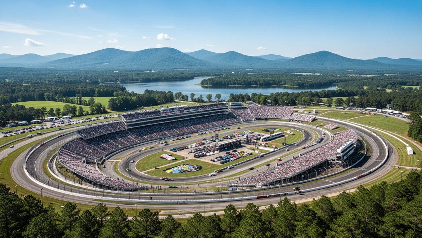 Aerial landscape of Talladega Superspeedway grandstands and track amid rolling green hills, distant mountains, subtle lake under blue sky with top green 'Speedway Close' headline band.